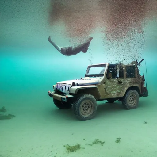 Prompt: eerie murky underwater photo of an upside - down military jeep sinking down. the jeep is inverted. bubbles. 4 k.