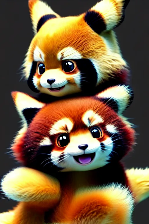 Prompt: high quality 3 d render hyperrealist very cute happy red panda & cat hybrid, vray smooth, detective pikachu, very dramatic light, low angle, uhd 8 k, shallow depth or field