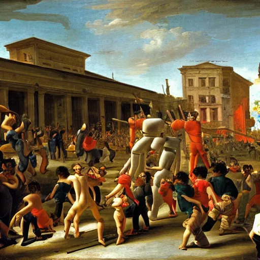 Prompt: wrecking pit between a crowd of children and robots from boston dynamics by jacques - louis david