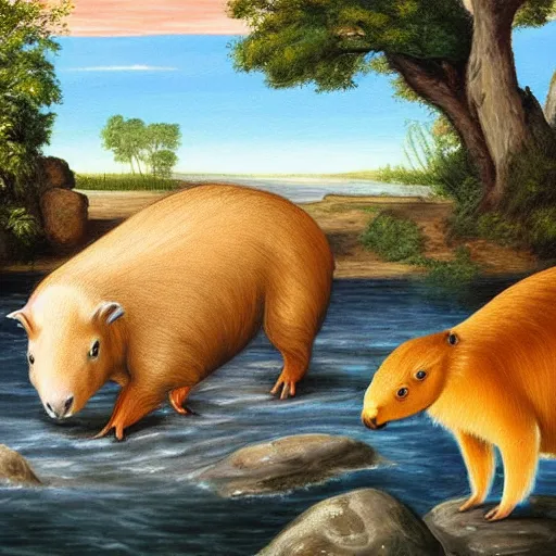 Image similar to real painting of jesus petting a capybara at the river, old painting ultra realistic image