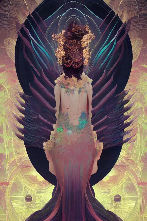 Image similar to portrait full body girl 3 kingdom breathtaking detailed concept art painting art deco pattern of birds goddesses amalmation flowers head thibetan temple, by hsiao ron cheng, tetsuya ichida, bizarre compositions, tsutomu nihei, exquisite detail, extremely moody lighting, 8 k, art nouveau, old chines painting, art nouveau