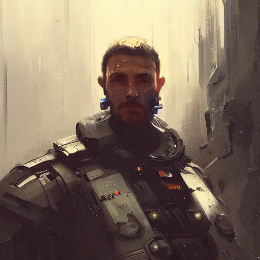 Prompt: portrait scifi art by Greg Rutkowski, a man wearing futuristic riot control gear, claustrophobic and futuristic environment, detailed and intricate environment, high technology, highly detailed portrait, digital painting, artstation, concept art, smooth, sharp foccus ilustration, Artstation HQ