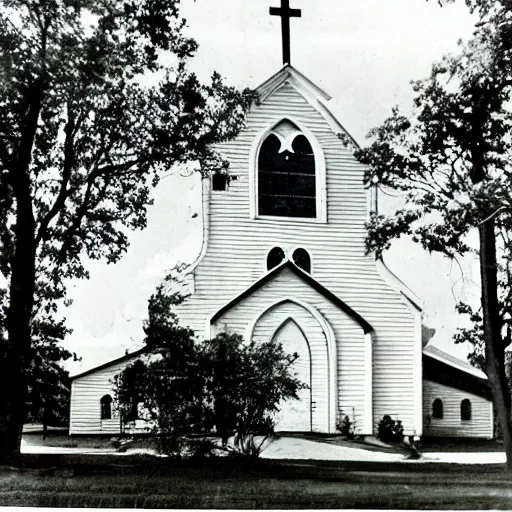 Prompt: A photograph of an old New England church, circa 1960