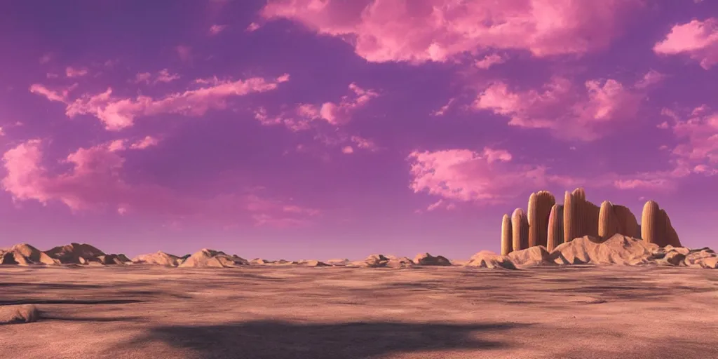 Image similar to artistic rendering of a cinematic shot of a scifi fantasy desertscape, beautiful pink sky, a purple - blue brutalist bulding, processing the soul of an ancient alien