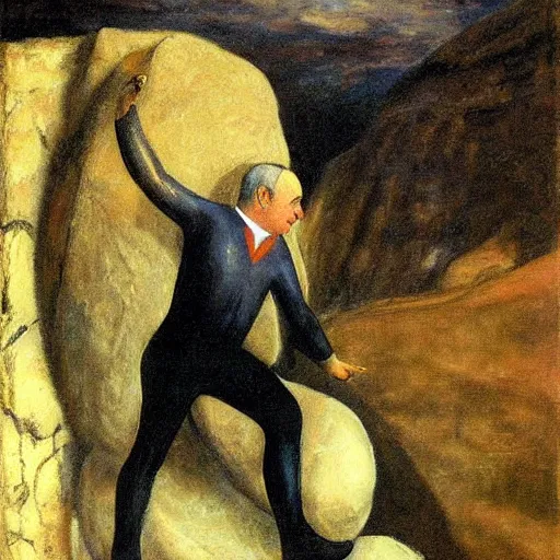 Image similar to a painting of benjamin netanyahu as sisyphus, carrying boulder, by franz stuck