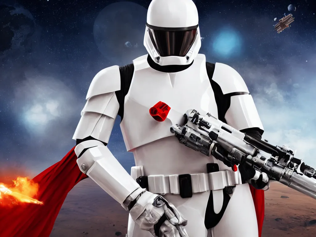 Image similar to space trooper in glossy sleek white armor with small red details, no helmet, long red cape, heroic posture, firing laser rifle, on the surface of mars, explosions in the background, night time, dramatic lighting, cinematic, sci-fi, hyperrealistic, movie still