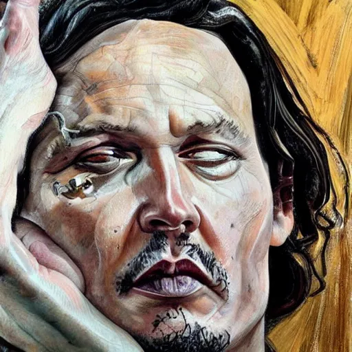 Image similar to lucian freud painting on depressed johnny depp