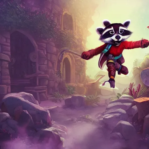 Image similar to raccoon rogue escaping a mansion he robbed, cinematic, detailed, d & d, colorful, hyperrealistic, trending on artstation
