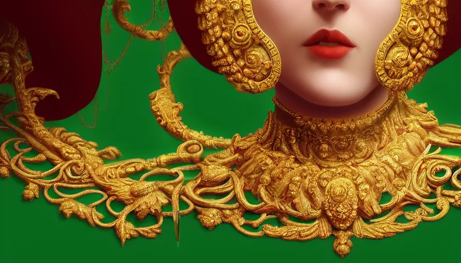 Image similar to highly detailed oil painting, front view, ornate, delicate, brilliant magical emerald choker, octane render, realistic, dramatic light,