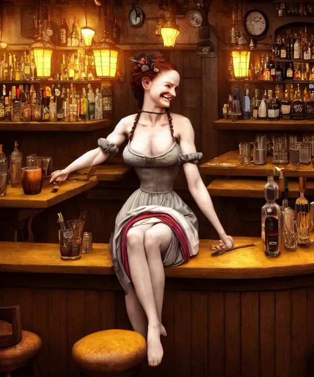 Image similar to hyperrealistic mixed media painting of a beautiful smiling charismatic barmaid, dimly lit cozy tavern, relaxed pose, serving customers at bar, medieval period, stunning 3d render inspired art by Gerald Brom and Anna Dittmann + perfect facial symmetry + dim volumetric lighting, 8k octane beautifully detailed render, post-processing, extremely hyperdetailed, intricate, epic composition, grim yet sparkling atmosphere, cinematic lighting + masterpiece, trending on artstation, very very detailed, masterpiece, stunning
