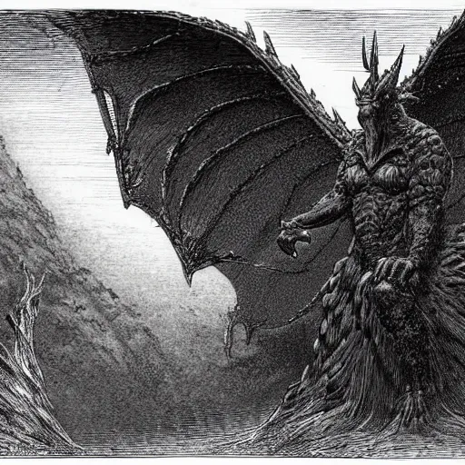 Image similar to dark fantasy illustration of tinkerbell godzilla, drawn by gustave dore