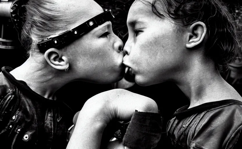 Image similar to cinestill 5 0 d photographic portrait by helen levitt of a kiss between two diverse loving female cyborgs wearing black techwear in a retrofuturist garden, extreme closeup, modern cyberpunk, dust storm, 8 k, hd, high resolution, 3 5 mm, f / 3 2, ultra realistic faces, intricate detail, ex machina