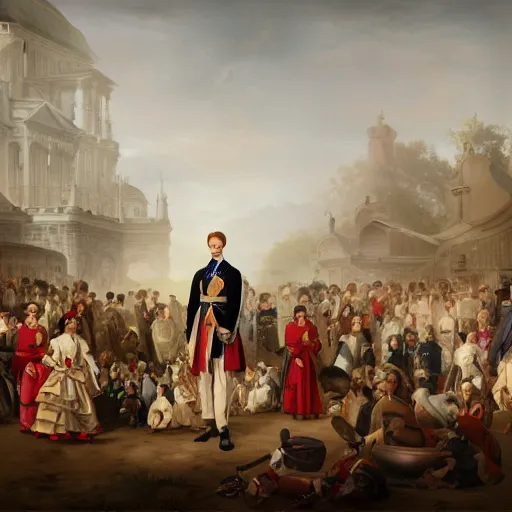 Image similar to portrait of a regal prince with sharp cheekbones, white clothes, high collar, surrounded by a crowd of peasants, modern digital art, matte painting