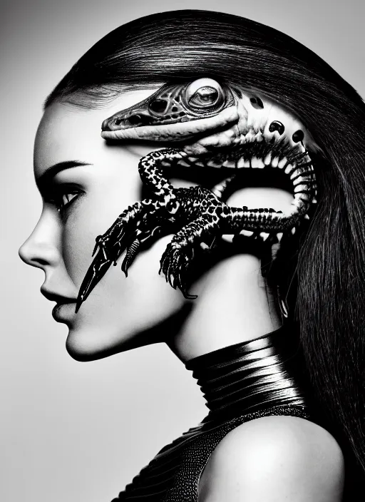 Prompt: a profile portrait, a stunning young woman - cyborg with a mutant lizard head, editorial photography, bw, by roman sustov, by hr giger, shot on 7 0 mm, depth of field, f / 2. 8, high contrast, 1 6 k, volumetric lighting, shiny, insanely detailed and intricate, hypermaximalist, elegant, ornate