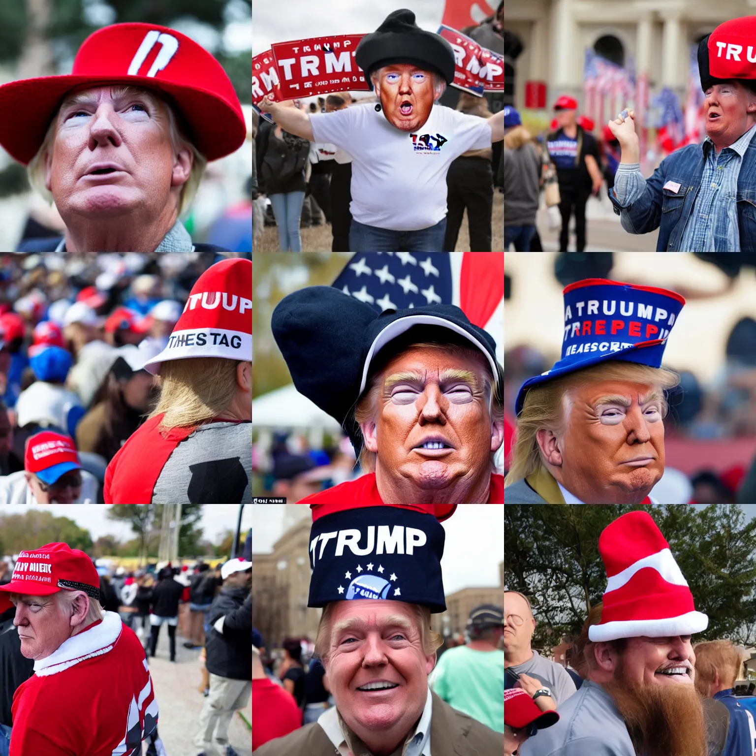 Prompt: a trump supporter with a very large head and a comically small hat. The hat is much too small for the person's head, and appears to be hurting them