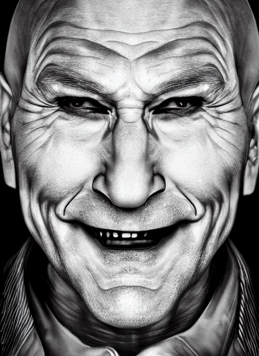 Prompt: photo of Patrick Stewart as the Joker by Lee Jeffries, horror, big smile, detailed, award winning, Sony a7R, trending on artstation