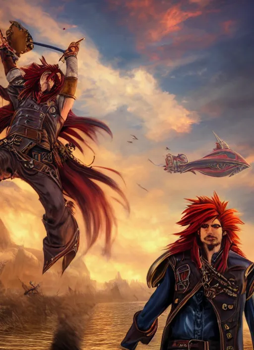 Image similar to An epic fantasy comic book style portrait painting of a long haired, red headed male sky-pirate in front of an airship yu-gi-oh style , unreal 5, DAZ, hyperrealistic, octane render, cosplay, RPG portrait, dynamic lighting