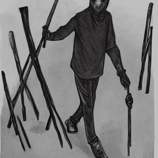 Image similar to The image of a walking man dressed in head to toe black paint, beaten with sticks by the flack squad