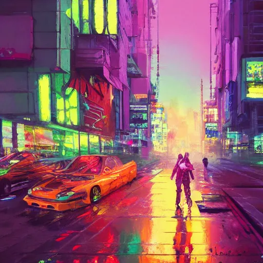 Image similar to acrylic painting, impressionism and expressionism, strong emotional impact, bold pastel colors, expressive brushstrokes, overall sense of movement in the composition. a cyberpunk streetscape lined with beautiful flowers, by liam wong and tyler edlin, trending on artstation