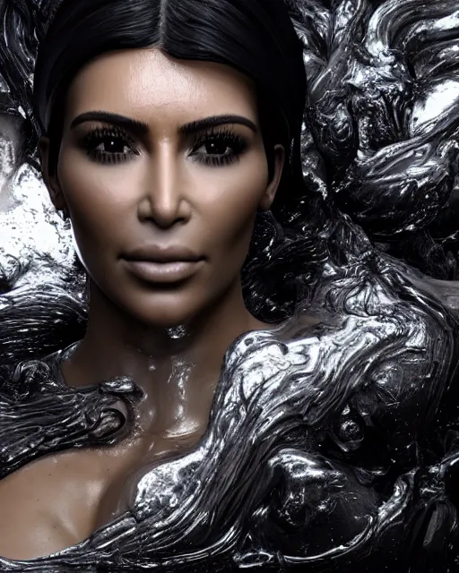 Image similar to epic full - shot still of kim kardashian unconscious in a transparent alien liquid, wet flowing hair, gooey skin, illustration, unreal engine 5, 8 k, made by h. r. giger.