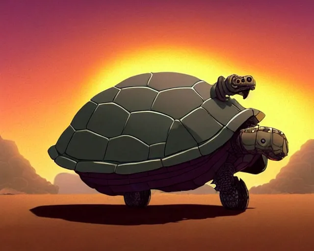 Prompt: a cell shaded cartoon giant grey lovecraftian mechanized tortoise from howl's moving castle ( 2 0 0 4 ), with a big head, on a desert road, wide shot, sunset, golden hour, muted colors, post grunge, josan gonzales, wlop, by james jean, victor ngai, hq, deviantart, art by artgem