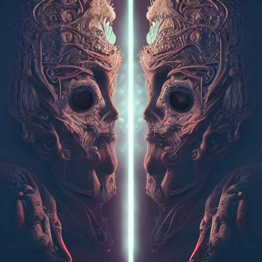 Image similar to creepy twins, dark background, backlit:: by beeple and James Gilleard and Justin Gerard :: ornate, dynamic, particulate, intricate, elegant, highly detailed, centered, artstation, smooth, sharp focus, octane render, 3d