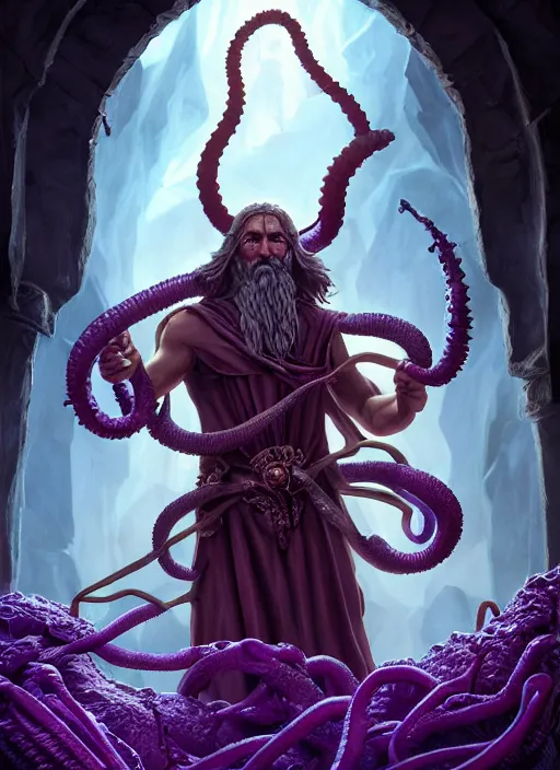 Prompt: movie poster for the ancient greek warlock!!!!!!!!!!!! purple magic tentacles in the background, megalophoba, dungeons and dragons artwork, award winning movie poster, concept art, intricate details, by artgerm and leonardo da vinci and greg rutkowski and charlie bowater octane render, 8 k, unreal engine.