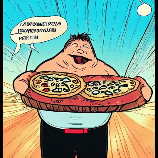 Image similar to graphic novel cover of super hero “Morbidly Obese Man” defeating a huge pizza.