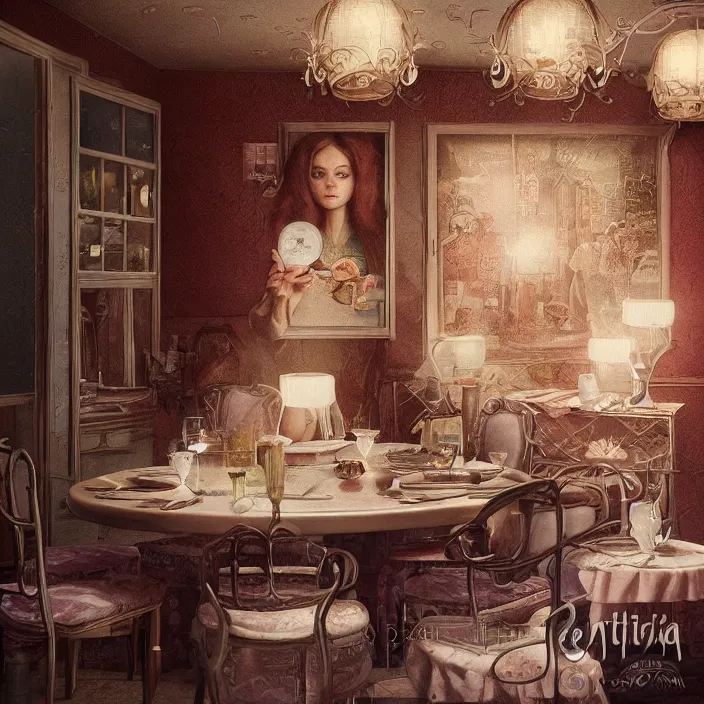 Image similar to portrait of a retro dining room, depth of field, zeiss lens, detailed, symmetrical, centered, fashion photoshoot, by nicoletta ceccoli, mark ryden, lostfish, breathtaking, 8 k resolution, extremely detailed, beautiful, establishing shot, artistic, hyperrealistic, octane render