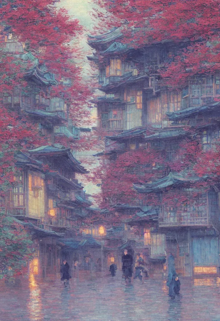 Image similar to a beautiful japanese city near the sea, amazing ryokans and gorgeous edo era houses, epic cyberpunk, lofi vibe, colorful, vivide colors, oil painting in impressionist style, by jeremy lipkin, by claude monet, by makoto shinkai, multiple brush strokes, inspired by ghibli, masterpiece, beautiful