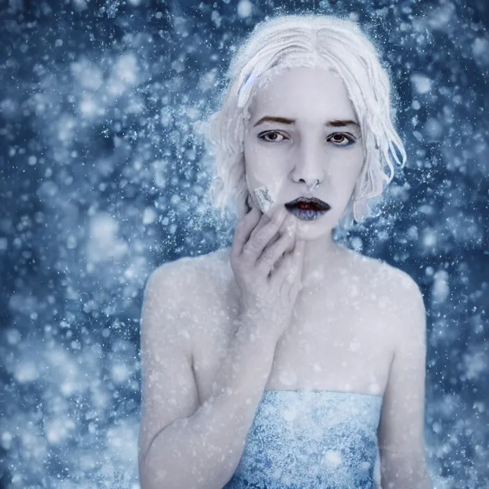 Prompt: full body portrait of a sickly looking woman dying of hypothermia, with very white skin and pale blue hair wearing a long white dress made out of snowflakes in the middle of a heavy snowstorm. blue lips. digital art by maromi sagi