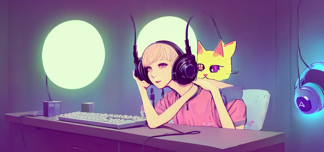 Image similar to a blond woman with cat ear headphones, sitting in front of computer, gamer, computer nerd, cute room, neon lights, gamer aesthetic, lofi vibes, strong crisp lineart and flat color, by ilya kuvshinov, krenz cushart, Greg Rutkowski, trending on artstation