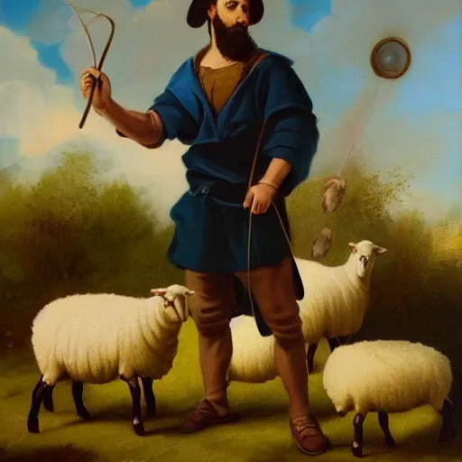 Prompt: realistic painting of abel the shepherd of sheep, shepherding the flock, in the style of miguelangel