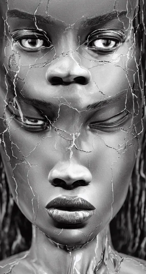 Image similar to hyper realistic of a stunning intricate cracked black marble falling african american woman angel face sculpture, highly detailed, white tone background, trending on artstation, hyperrealism, matte painting, subsurface scattering