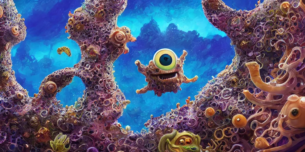 Image similar to of an intricate sea reef with strange cute friendly happy creatures with huge eyes, mouth, long tongue, round teeth and goofy face, appearing from the background, in the style of gehry and gaudi, macro lens, shallow depth of field, ultra detailed, digital painting, trending artstation, concept art, illustration, cinematic lighting, photorealism, epic, octane render