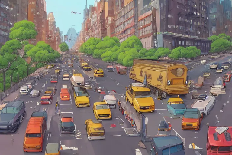 Prompt: catbus stuck in new york traffic jam. 4 k digital paint by studio ghibli hayao miyazaki. very sharp and detailed. trending on artstation and behance.