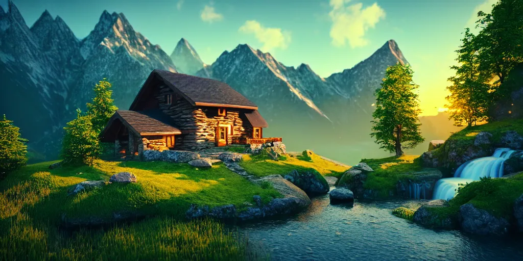 Prompt: a beautiful fantasy landscape, mountain in background, a waterfall in the mountains, little cottage, small pond, some trees in the corner, sunrise, hyper realism, octane render, art by philipp urlich