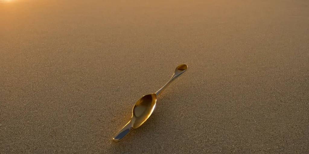 Prompt: A silver spoon on a golden sand beach at sunset