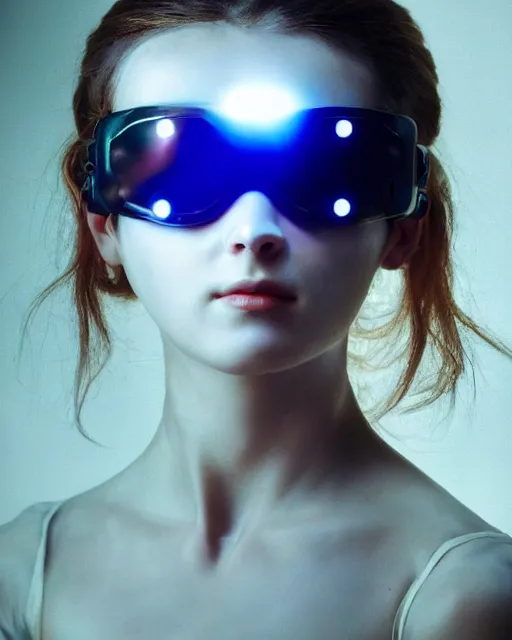 Image similar to 3 / 4 portrait photo by bouguereau of female dancer as a cyberpunk mecha humanoid robotic parts wearing goggles with led lights, inside white room, ultra - realistic and detailed, 8 k