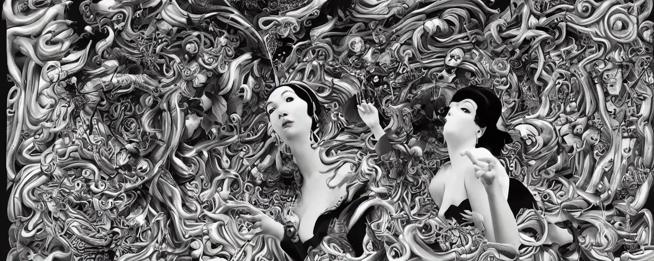 Image similar to musical goddess performing in Misono Universe, surrealist psychedelic collage painting in the style of Magritte, artgerm, Yoshio Awazu, 3d render, artstation trending, black and white, detailed penwork