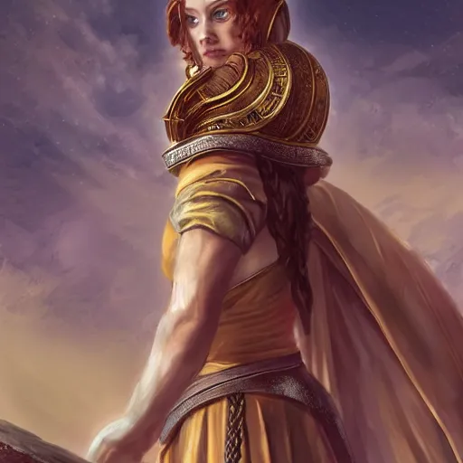 Image similar to tiny Emma Stone as ancient greek woman in golden helmet standing on giant grey-haired bearded male face in the sky, epic fantasy style art, fantasy epic digital art