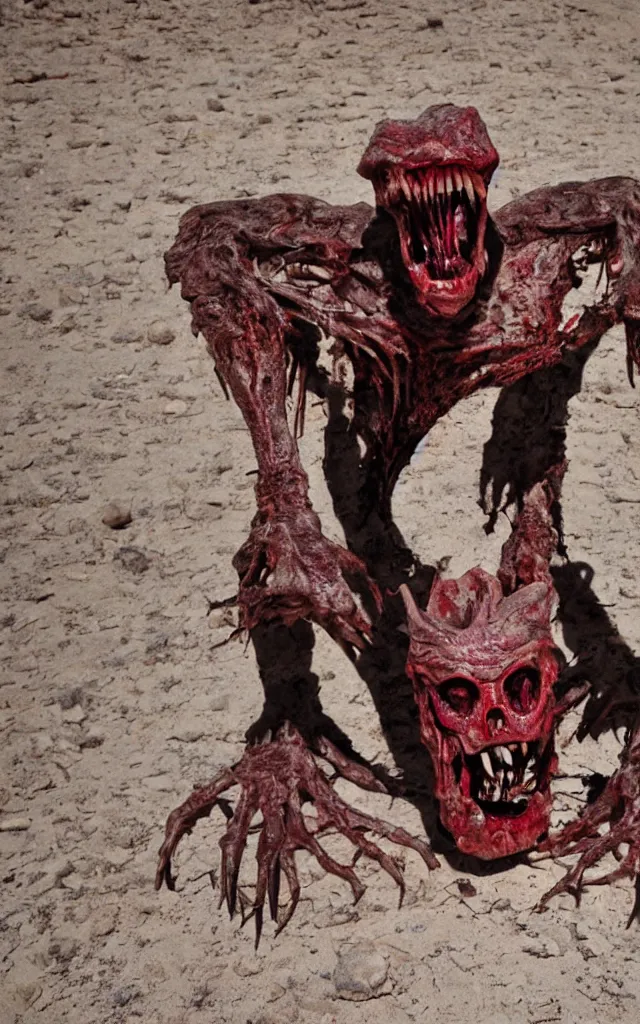 Image similar to in the desert a bloody gross horrifying The Thing creature made of muscle and bone and blood stares at the camera, eating, mid day, 35mm photography, realistic,