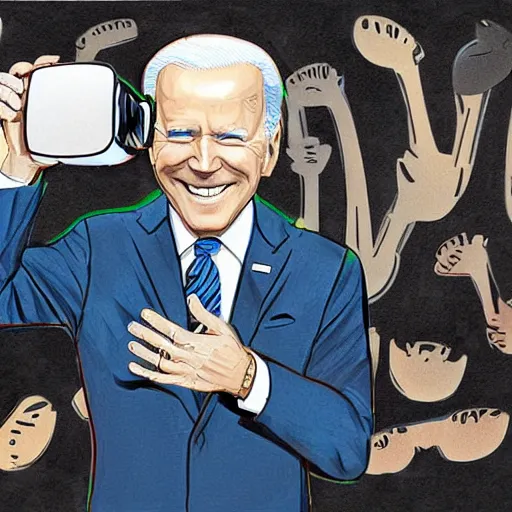 Image similar to : president biden wearing vr goggles, digital art, illustration, art station