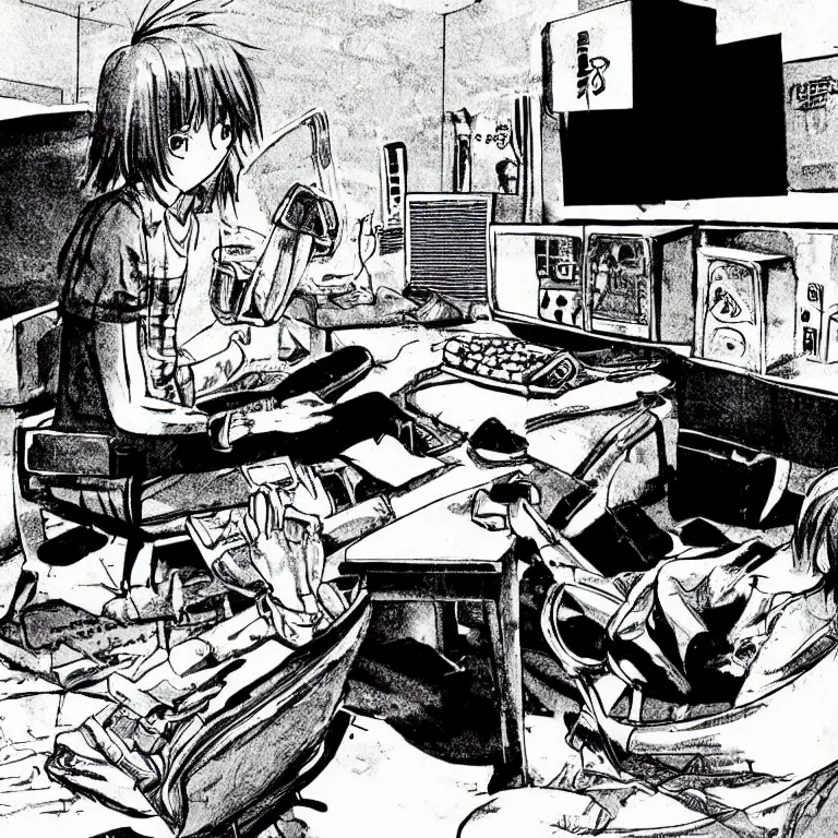 Image similar to manga illustration of teenager playing video games inside creepy 1 9 8 0's living room basement.