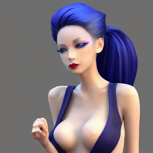 Image similar to a full shot of CGI Jinx, blue well-groomed ponytail, elegant refined face, not wearing many clothes, Body Shape (Slender), from Arcane League of Legends, digital art, 3d rendered model, exquisite detail, polished, post-processing, photo-shopped, low angle, octane render, unreal engine, hyper realism, cinematic, trending on ArtStation, 8k, High contrast, by Roger Magrini