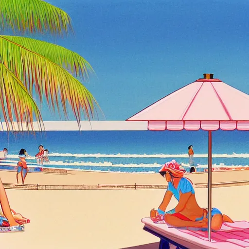 Image similar to a beautiful painting of a sunny day at the beach by hiroshi nagai and hirohiko araki, detailed line art