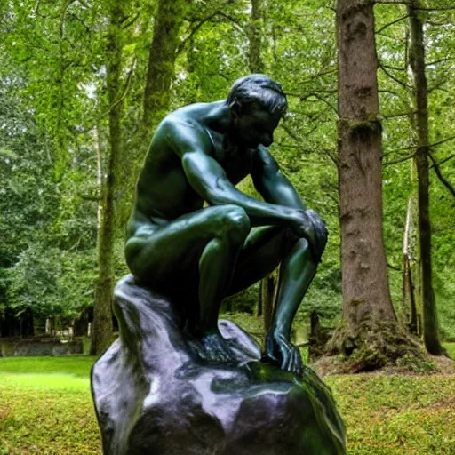Image similar to The thinker sculpture by auguste rodin with mushrooms at the base , placed in a lush forest
