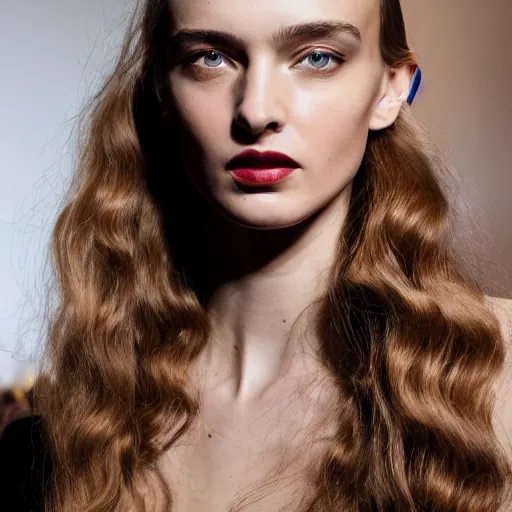 Prompt: A beautiful portrait of Daria Strokous as a model at Maybelline fashion show as a model Spring/Summer 2018, highly detailed, in the style of cinematic, Milan fashion week backstage, Extreme close up, Makeup by Pat McGrath, Hair by Guido Palau, Greg rutkowski