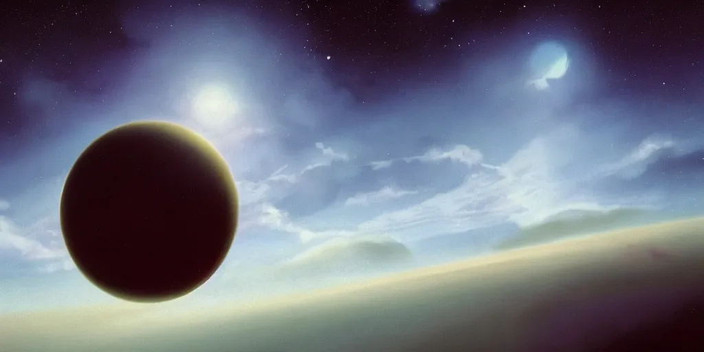 Image similar to blue dreamy cloudscape with a single planet in the clouds, daylight, cinematic lighting, cinematic perspective, syd mead, john harris, federico pelat,