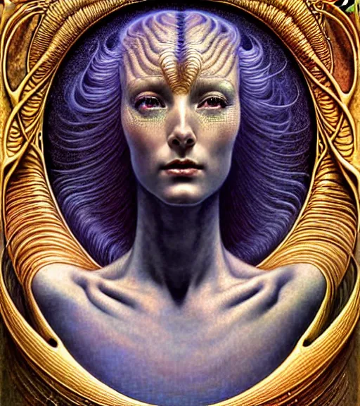 Image similar to detailed realistic beautiful young cher alien robot as queen of andromeda galaxy portrait by jean delville, gustave dore and marco mazzoni, art nouveau, symbolist, visionary, baroque, giant fractal details. horizontal symmetry by zdzisław beksinski, iris van herpen, raymond swanland and alphonse mucha. highly detailed, hyper - real, beautiful